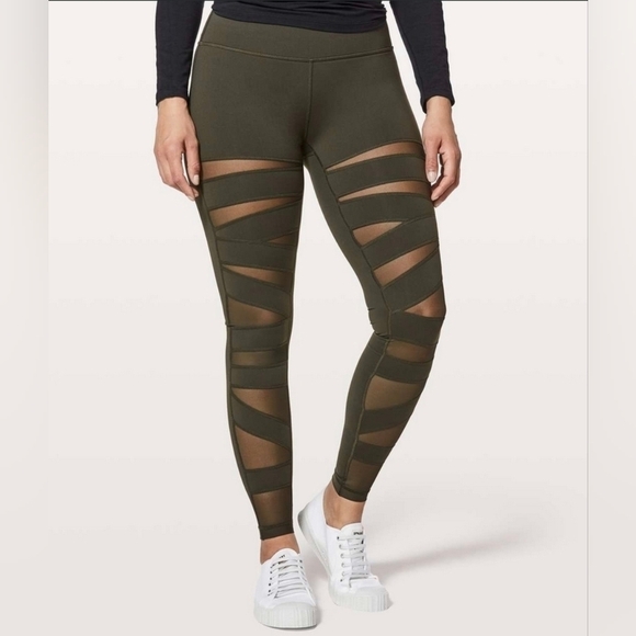 Olive Mesh Panel Leggings - Picture 1 of 6